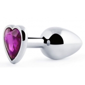 Серебристая анальная пробка с фиолетовым кристаллом-сердечком - 8 см. - Anal Jewelry Plug - купить с доставкой в Химках