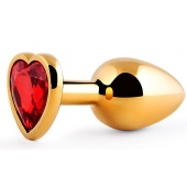 Золотистая анальная пробка с красным стразом-сердечком - 8 см. - Anal Jewelry Plug - купить с доставкой в Химках