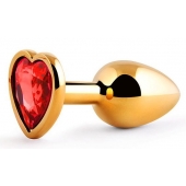 Золотистая анальная пробка с красным стразом-сердечком - 7 см. - Anal Jewelry Plug - купить с доставкой в Химках