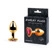 Золотистая анальная пробка с малиновым кристаллом-сердечком - 7 см. - Anal Jewelry Plug - купить с доставкой в Химках