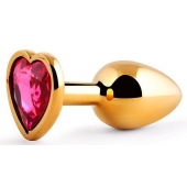 Золотистая анальная пробка с малиновым кристаллом-сердечком - 7 см. - Anal Jewelry Plug - купить с доставкой в Химках