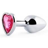 Серебристая анальная пробка с малиновым кристаллом-сердечком - 7 см. - Anal Jewelry Plug - купить с доставкой в Химках