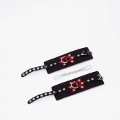 Черные кожаные наручники с красным декором и строчкой - Crazy Handmade - купить с доставкой в Химках