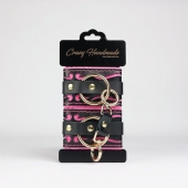 Черные кожаные наручники с розовой строчкой - Crazy Handmade - купить с доставкой в Химках