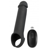 Черная вибронасадка для пениса с хомутом для мошонки и пультом ДУ Remote Controlled Penis Extension - Orion - в Химках купить с доставкой