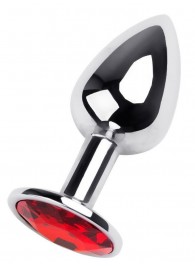 Маленькая коническая серебристая анальная пробка с красным кристаллом - 7 см. - ToyFa - купить с доставкой в Химках