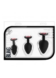 Набор черных анальных пробок с красным кристаллом-сердечком Bling Plugs Training Kit - Blush Novelties - купить с доставкой в Химках