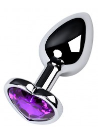 Серебристая коническая анальная пробка с фиолетовым кристаллом-сердечком - 7 см. - ToyFa - купить с доставкой в Химках