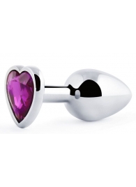 Серебристая анальная пробка с фиолетовым кристаллом-сердечком - 8 см. - Anal Jewelry Plug - купить с доставкой в Химках