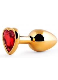 Золотистая анальная пробка с красным стразом-сердечком - 8 см. - Anal Jewelry Plug - купить с доставкой в Химках