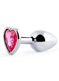 Серебристая анальная пробка с розовым кристаллом-сердечком - 7 см. - Anal Jewelry Plug - купить с доставкой в Химках