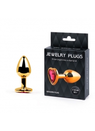 Золотистая анальная пробка с малиновым кристаллом-сердечком - 7 см. - Anal Jewelry Plug - купить с доставкой в Химках