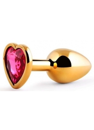 Золотистая анальная пробка с малиновым кристаллом-сердечком - 7 см. - Anal Jewelry Plug - купить с доставкой в Химках