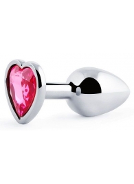 Серебристая анальная пробка с малиновым кристаллом-сердечком - 7 см. - Anal Jewelry Plug - купить с доставкой в Химках