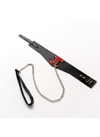 Черный широкий ошейник с красным декором и поводком - Crazy Handmade - купить с доставкой в Химках