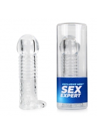 Прозрачная рельефная насадка-реалистик с петлей для мошонки - 13,5 см. - Sex Expert - в Химках купить с доставкой