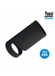 Черная открытая насадка на пенис с кольцом для мошонки XXL-size - 9,4 см. - Sex Expert - в Химках купить с доставкой