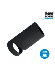 Черная открытая насадка на пенис с кольцом для мошонки size M - 7,9 см. - Sex Expert - в Химках купить с доставкой