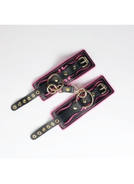 Черные кожаные наручники с розовой строчкой - Crazy Handmade - купить с доставкой в Химках