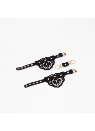 Черные кожаные наручники с клепками, кольцами и золотистой фурнитурой - Crazy Handmade - купить с доставкой в Химках