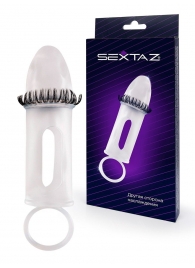 Закрытая насадка на пенис с подхватом мошонки и стимулирующими «ресничками» - Sextaz - в Химках купить с доставкой
