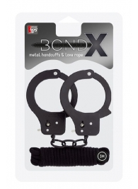 Чёрные наручники из листового металла в комплекте с веревкой BONDX METAL CUFFS LOVE ROPE SET - Dream Toys - купить с доставкой в Химках