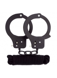 Чёрные наручники из листового металла в комплекте с веревкой BONDX METAL CUFFS LOVE ROPE SET - Dream Toys - купить с доставкой в Химках