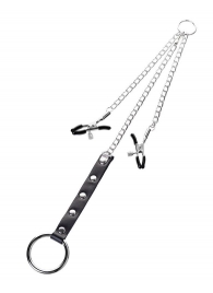 Серебристо-чёрные зажимы для сосков с кольцом для пениса TOYFA Metal - ToyFa - купить с доставкой в Химках