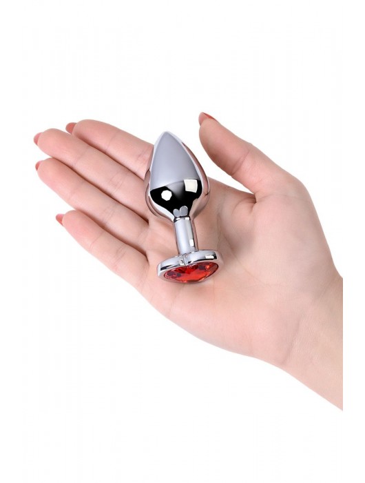 Серебристая коническая анальная пробка с красным кристаллом-сердечком - 7 см. - ToyFa - купить с доставкой в Химках
