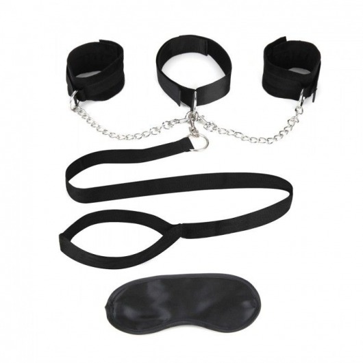 Чёрный ошейник с наручниками и поводком Collar Cuffs   Leash Set - Lux Fetish - купить с доставкой в Химках