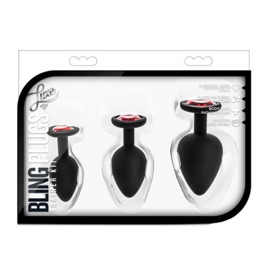 Набор черных анальных пробок с красным кристаллом-сердечком Bling Plugs Training Kit - Blush Novelties - купить с доставкой в Химках