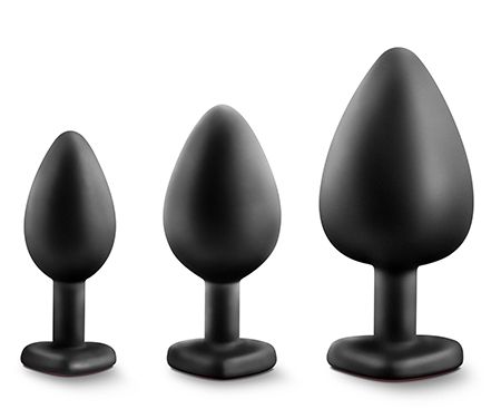 Набор черных анальных пробок с красным кристаллом-сердечком Bling Plugs Training Kit - Blush Novelties - купить с доставкой в Химках