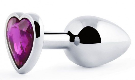 Серебристая анальная пробка с фиолетовым кристаллом-сердечком - 8 см. - Anal Jewelry Plug - купить с доставкой в Химках