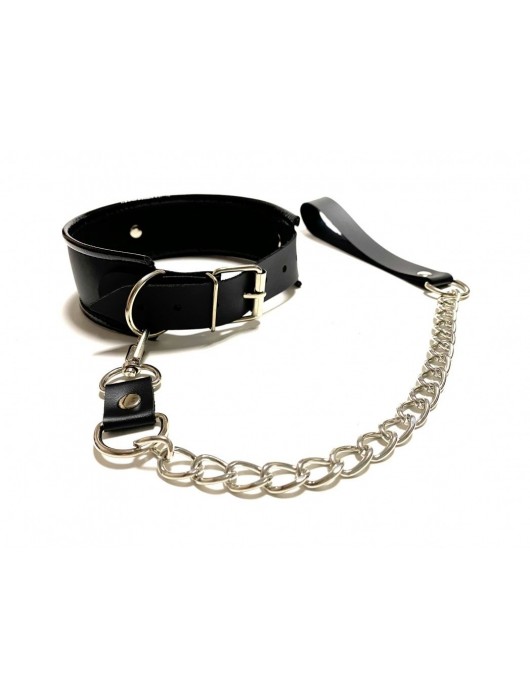 Черный ошейник с поводком из эко-кожи - БДСМ Арсенал - купить с доставкой в Химках