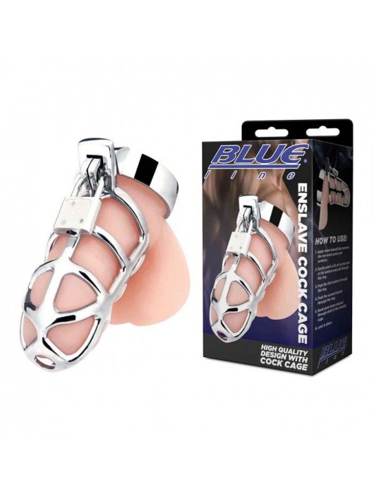 Серебристая металлическая клетка для члена с замком Enslave Cock Cage - BlueLine - купить с доставкой в Химках