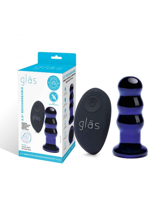 Синий стеклянный анальный стимулятор на дистанционном управлении Beaded Buttplug - Glas