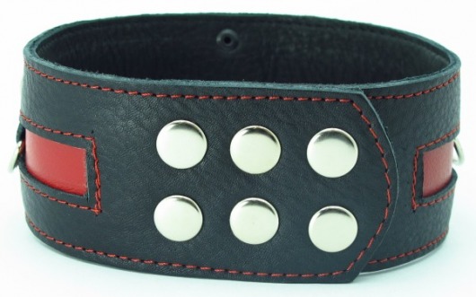 Чёрный кожаный ошейник с красной полосой и кольцами - БДСМ Арсенал - купить с доставкой в Химках