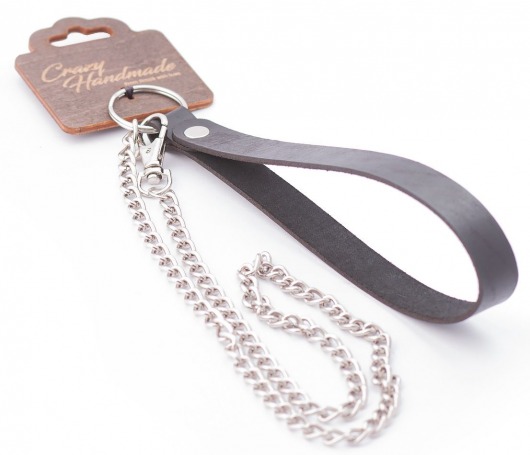 Серебристый металлический поводок с кожаной черной ручкой - 80 см. - Crazy Handmade - купить с доставкой в Химках