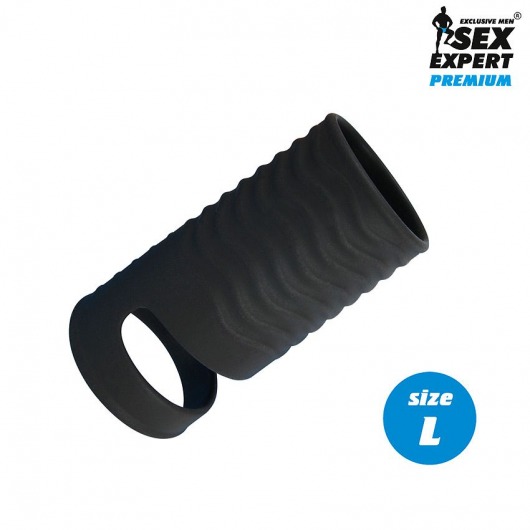 Черная открытая насадка на пенис с кольцом для мошонки L-size - 8,5 см. - Sex Expert - в Химках купить с доставкой