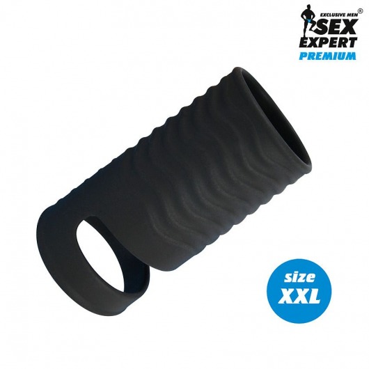 Черная открытая насадка на пенис с кольцом для мошонки XXL-size - 9,4 см. - Sex Expert - в Химках купить с доставкой