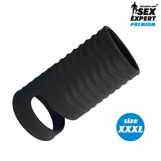Черная открытая насадка на пенис с кольцом для мошонки XXXL-size - 9,9 см. - Sex Expert - в Химках купить с доставкой