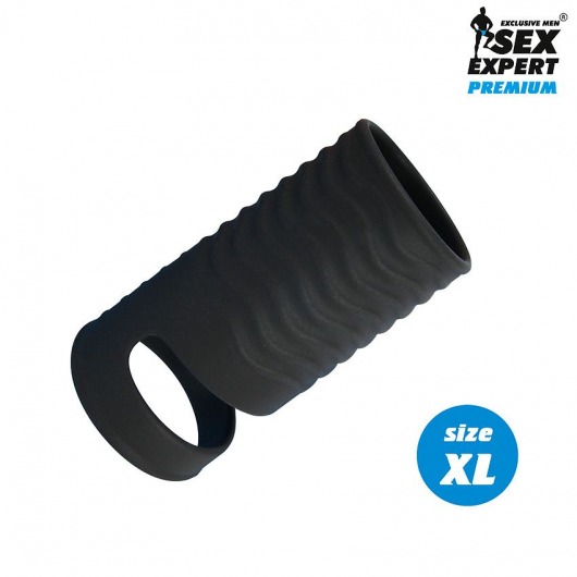 Черная открытая насадка на пенис с кольцом для мошонки XL-size - 8,9 см. - Sex Expert - в Химках купить с доставкой