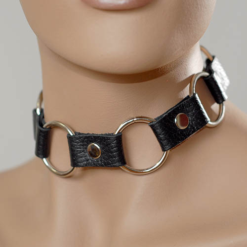 Кожаный черный ошейник с кольцами - Sitabella - купить с доставкой в Химках
