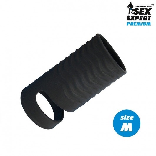 Черная открытая насадка на пенис с кольцом для мошонки size M - 7,9 см. - Sex Expert - в Химках купить с доставкой