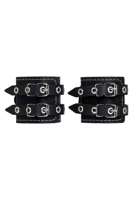 Черные кожаные наручники с двумя ремнями и красной подкладкой - Pecado - купить с доставкой в Химках