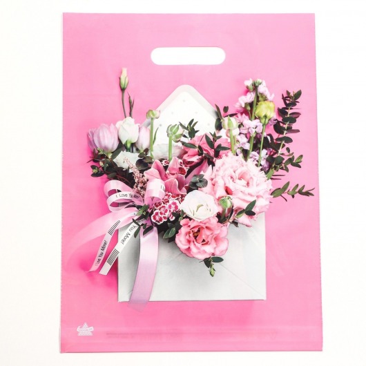 Розовый пакет с цветочным принтом и вырубной ручкой (40х31 см) - Сима-Ленд - купить с доставкой в Химках