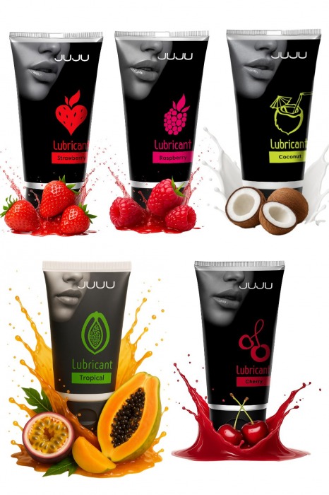 Набор из 5 съедобных лубрикантов JUJU (клубника, малина, тропические фрукты, вишня, кокос) - JuJu - купить с доставкой в Химках