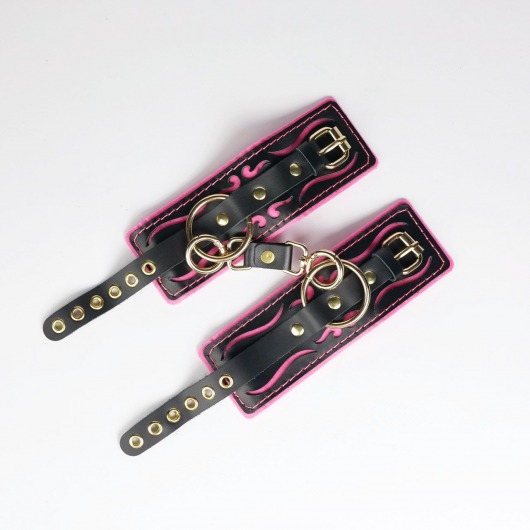 Черные кожаные наручники с розовой строчкой - Crazy Handmade - купить с доставкой в Химках