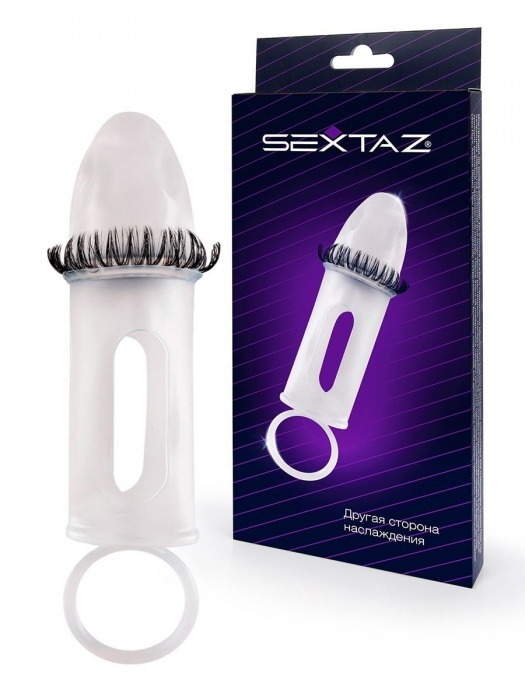 Закрытая насадка на пенис с подхватом мошонки и стимулирующими «ресничками» - Sextaz - в Химках купить с доставкой