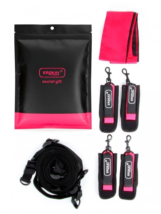 Черно-розовый эротический набор: фиксатор, оковы, наручники, повязка - Erokay - купить с доставкой в Химках